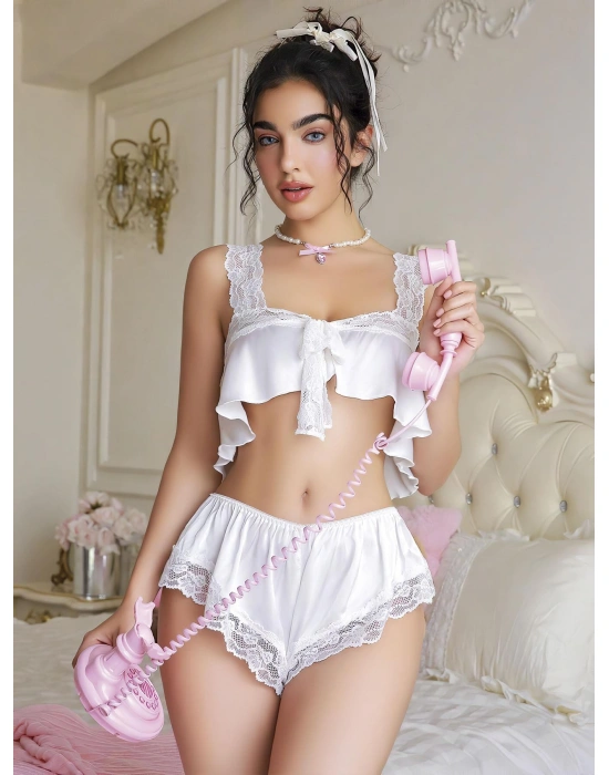 Bicomi Beyaz Dantel İşlemeli Sütyenli Saten Şortlu Takım