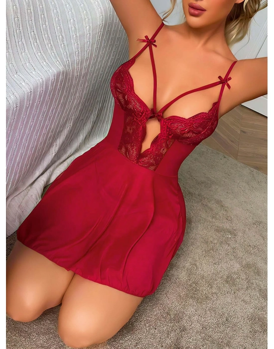 Bicomi Bordo Dantel İşlemeli Göğüs İp Detaylı Fantezi Tül Gecelik Takımı