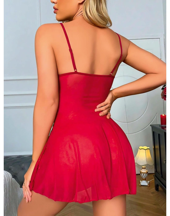 Bicomi Bordo Dantel İşlemeli Göğüs İp Detaylı Fantezi Tül Gecelik Takımı