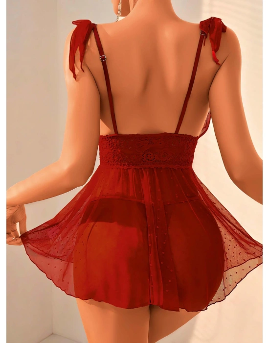 Bicomi Bordo Dantel İşlemeli Puantiyeli Tül Fantezi Gecelik