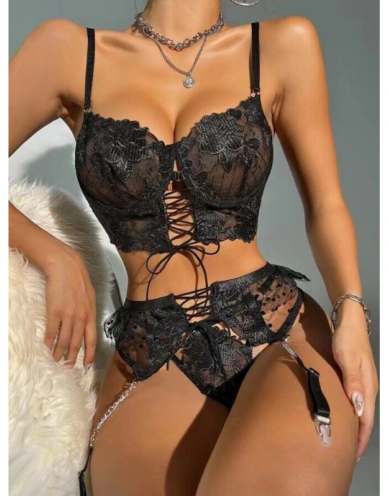 Bicomi Büstiyerli Dantel Fantezi Siyah Jartiyer Takımı