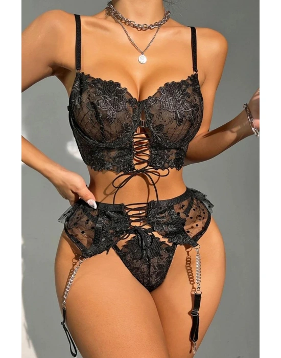 Bicomi Büstiyerli Dantel Fantezi Siyah Jartiyer Takımı