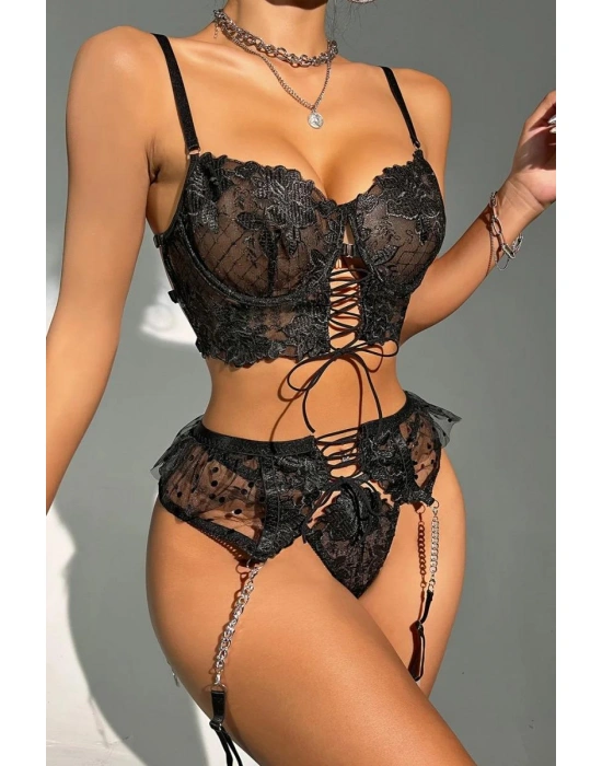 Bicomi Büstiyerli Dantel Fantezi Siyah Jartiyer Takımı