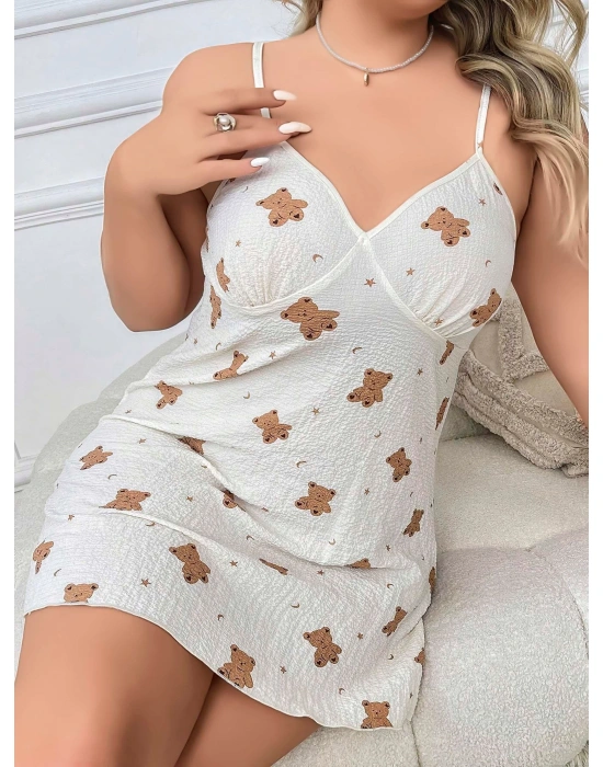 Bicomi Büyük Beden Ayıcık Desenli Pamuklu İnce Askılı Mini Gecelik