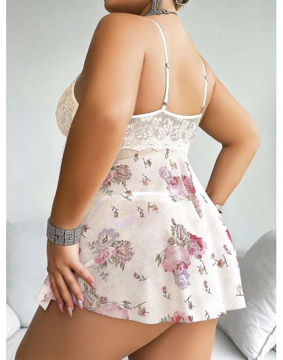 Bicomi Büyük Beden Beyaz Üstüne Çiçek Desenli Dantel İşlemeli İnce Askılı Mini Gecelik