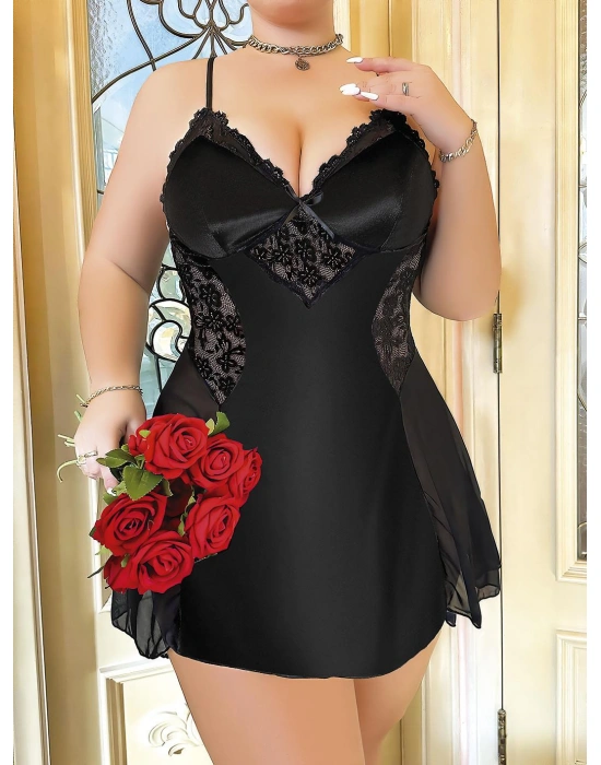 Bicomi Büyük Beden Siyah Dantel İşlemeli İnce Askılı Saten Gecelik