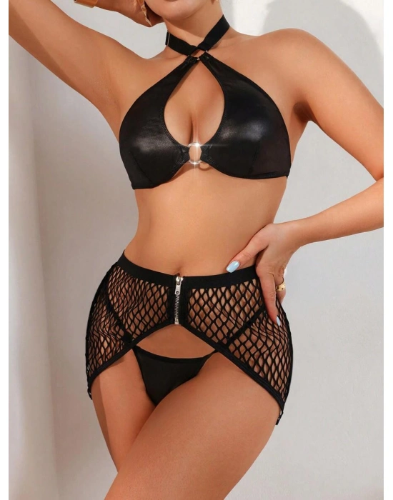 Bicomi Deri Siyah Fileli Fantezi Sütyen Takımı