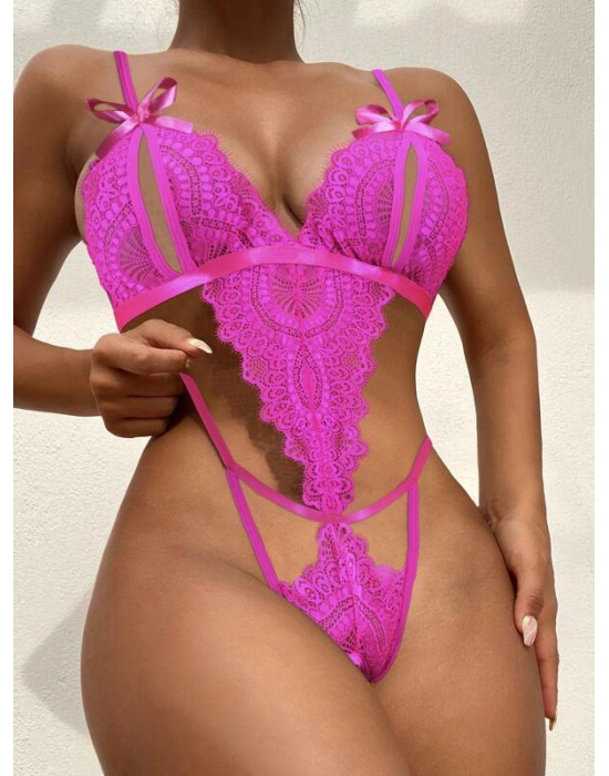 Bicomi Fiyonklu Dantelli Fuşya Fantezi Body