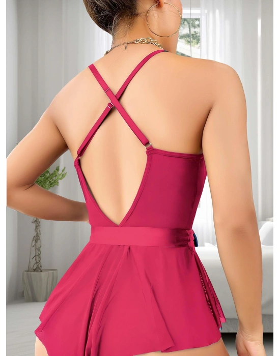 Bicomi Fuşya Dantel İşlemeli Kurdelalı Fantezi Tül Babydoll