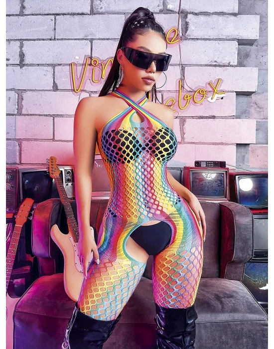 Bicomi Gökkuşağı Desenli Fileli Fantezi Vücut Çorabı