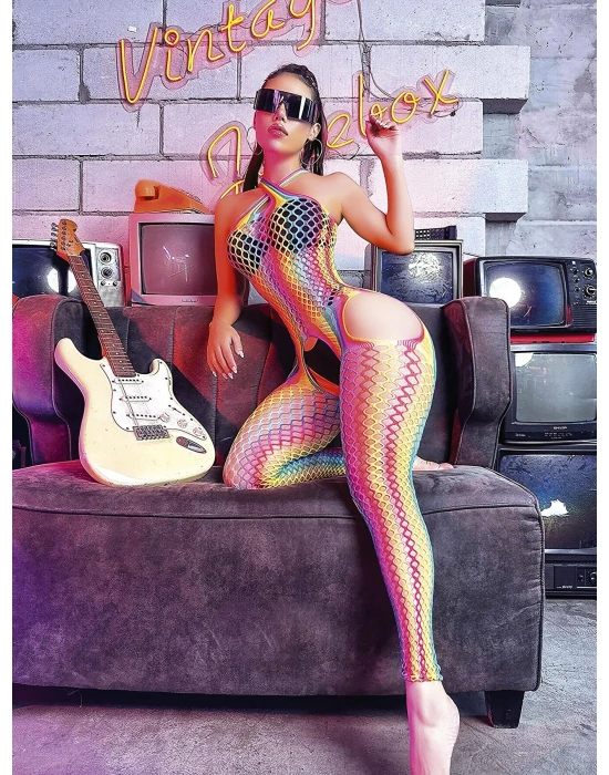 Bicomi Gökkuşağı Desenli Fileli Fantezi Vücut Çorabı