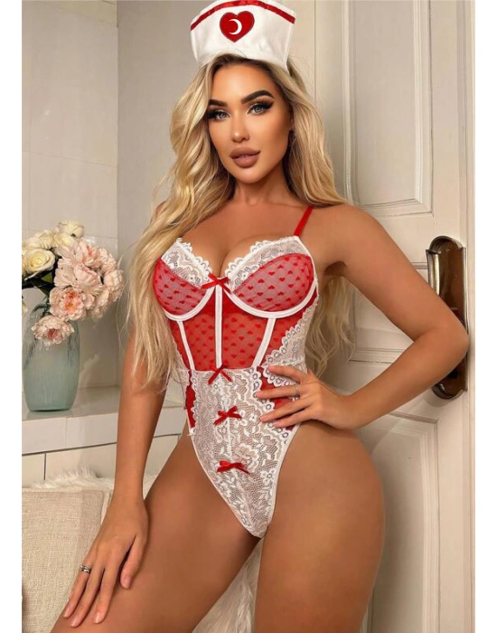 Bicomi Kırmızı Fantezi Body Hemşire Kostümü