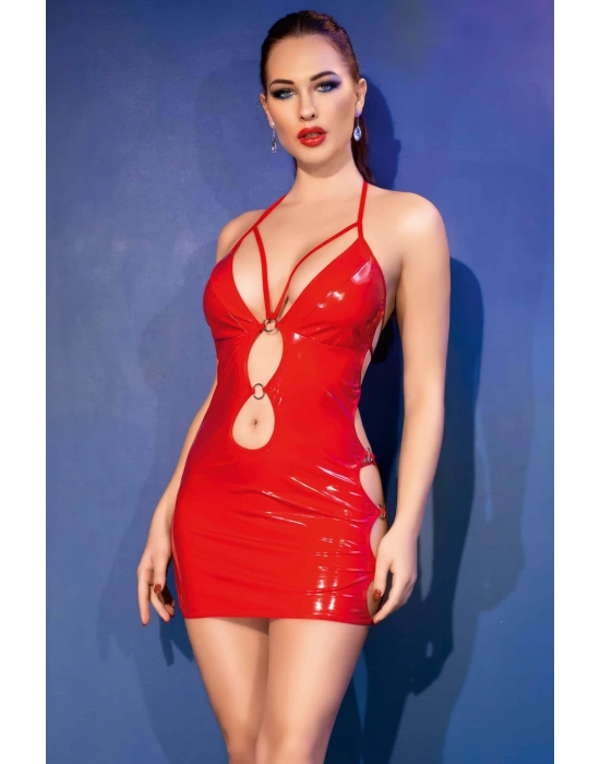 Bicomi Kırmızı Göğüs Dekolteli Mini Fantezi Parlak Deri Gecelik