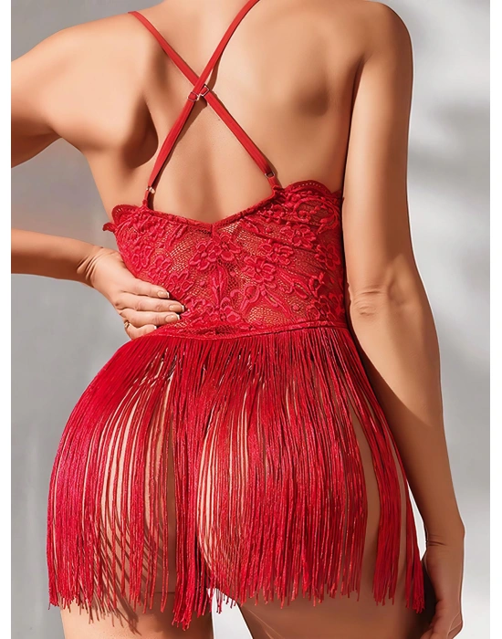 Bicomi Kırmızı Püsküllü Dantel Detaylı Fantezi Gecelik