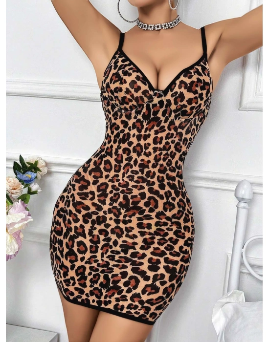 Bicomi Leopar Desenli Sırt Dekolteli Fantezi Gecelik