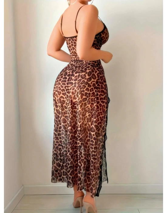 Bicomi Leopar Desenli Yırtmaçlı Fantezi Uzun Gecelik