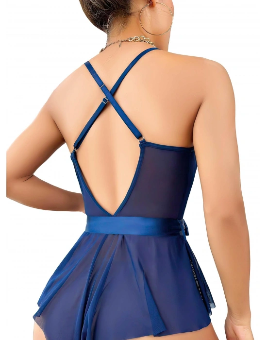 Bicomi Mavi Dantel İşlemeli Kurdelalı Fantezi Tül Babydoll