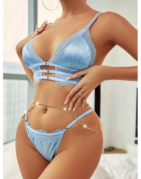 Bicomi Mavi Zincir Detaylı Fantezi Sütyen Takımı