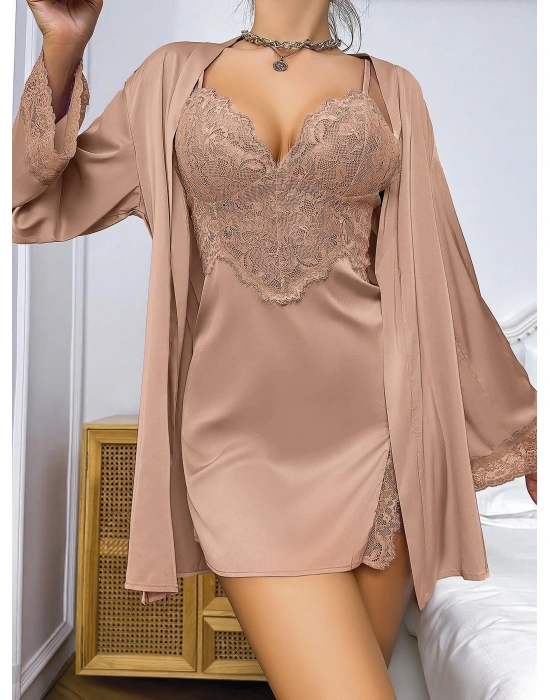 Bicomi Özel Tasarım Dantel İşlemeli Şık Göğüs Dekolteli Sabahlıklı 2li Saten Gecelik Takımı