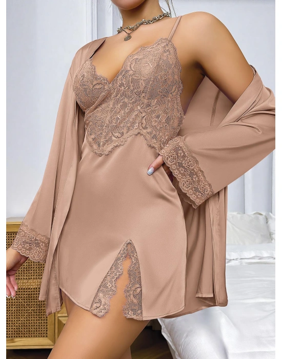 Bicomi Özel Tasarım Dantel İşlemeli Şık Göğüs Dekolteli Sabahlıklı 2li Saten Gecelik Takımı