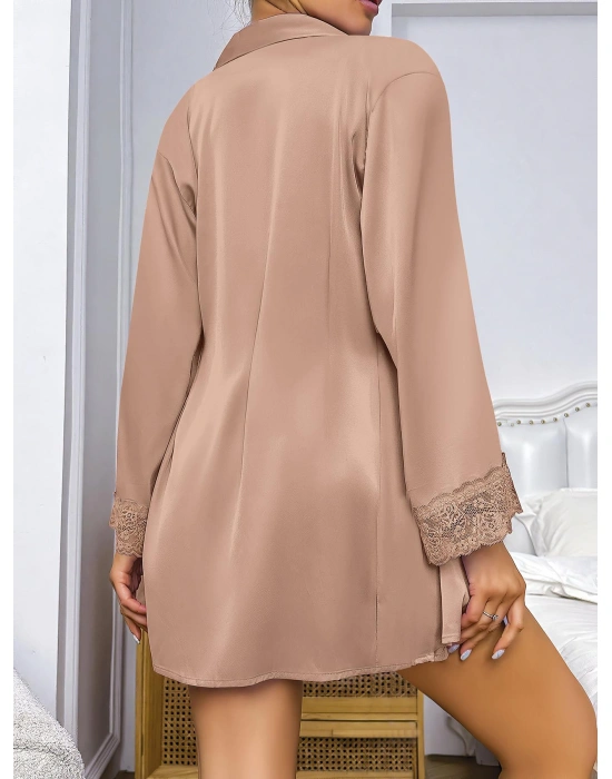 Bicomi Özel Tasarım Dantel İşlemeli Şık Göğüs Dekolteli Sabahlıklı 2li Saten Gecelik Takımı