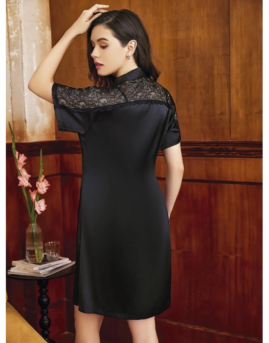 Bicomi Özel Tasarım Dantel İşlemeli Şık Göğüs Dekolteli Yırtmaçlı Sabahlıklı 2li Siyah Saten Gecelik Takımı