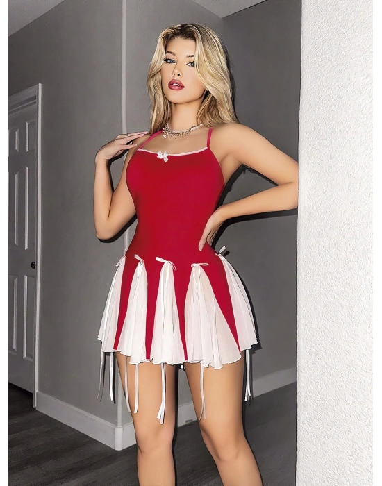 Bicomi Özel Tasarım Kırmızı Etekleri Beyaz Pileli Elbisesi