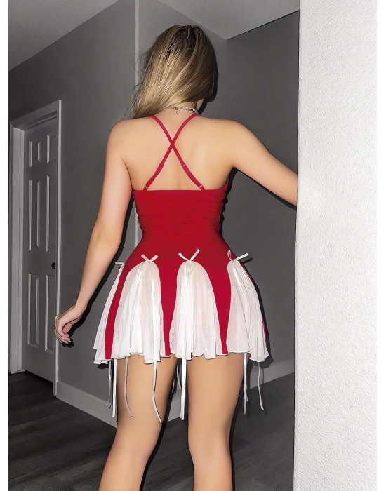 Bicomi Özel Tasarım Kırmızı Etekleri Beyaz Pileli Elbisesi