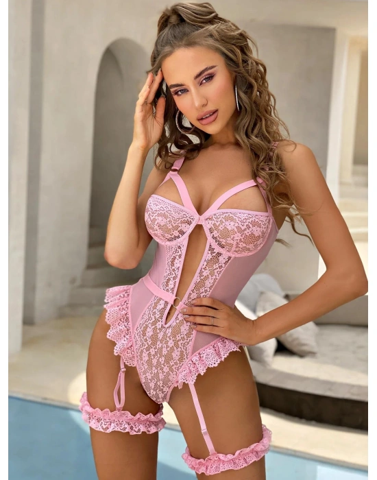 Bicomi Özel Tasarım Pembe Dantelli Fantezi Jartiyer Takımı