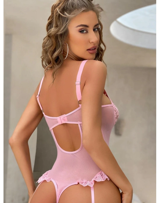 Bicomi Özel Tasarım Pembe Dantelli Fantezi Jartiyer Takımı