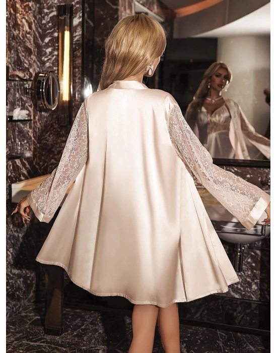 Bicomi Özel Tasarım Şık Dantel İşlemeli Sabahlıklı 2li Pudra Saten Gecelik Takımı