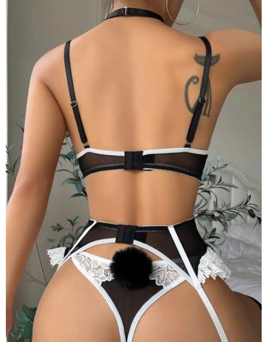 Bicomi Özel Tasarım Siyah-Beyaz Dantelli Fantezi Jartiyer Takımı