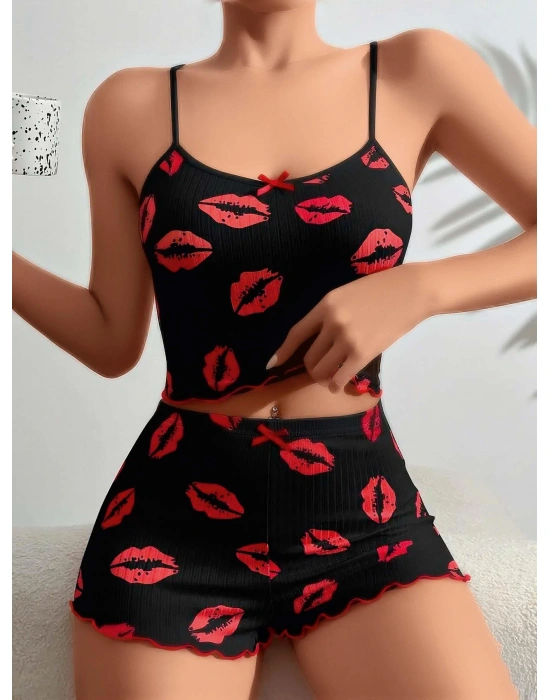 Bicomi Pamuklu Kiss Öpücük Desen Siyah Fitilli Şortlu Pijama Takımı