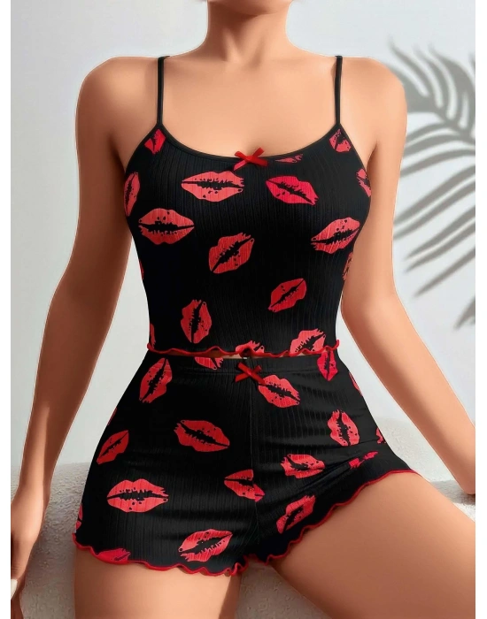 Bicomi Pamuklu Kiss Öpücük Desen Siyah Fitilli Şortlu Pijama Takımı