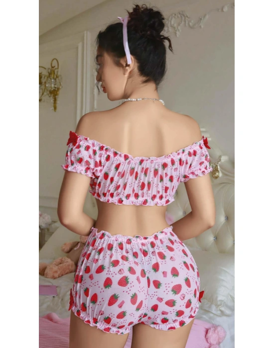 Bicomi Pembe Çilek Desenli Şortlu Fantezi Sütyen Takımı
