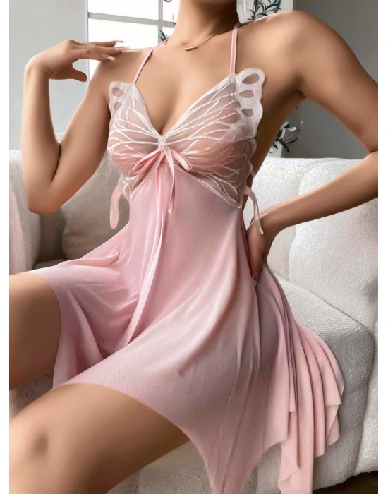 Bicomi Pembe Kelebek İşlemeli Tül Fantezi Gecelik