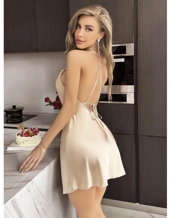 Bicomi Sırt Dekolteli Degajeli Somon Saten Gecelik