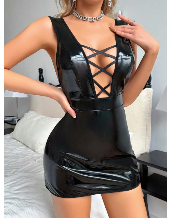 Bicomi Siyah Arkası İp Dekolteli Mini Fantezi Parlak Deri Elbise