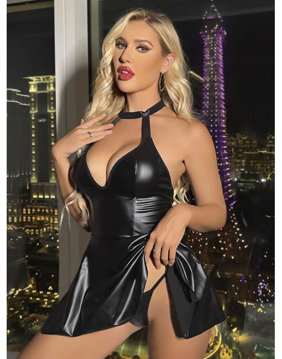 Bicomi Siyah Boyundan Bağlamalı Fantezi Parlak Deri Gecelik