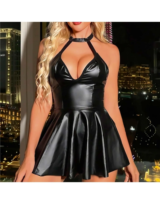 Bicomi Siyah Boyundan Bağlamalı Fantezi Parlak Deri Gecelik