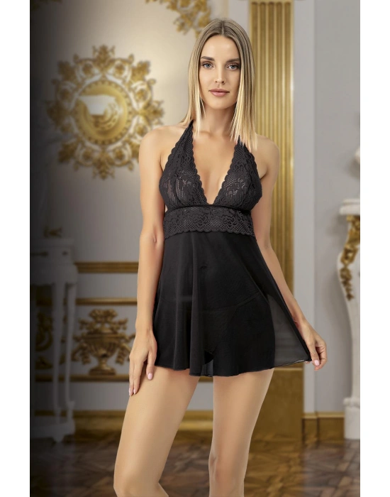 Bicomi Siyah Dantel İşlemeli Boyundan Bağlamalı Fantezi Tül Gecelik Takımı