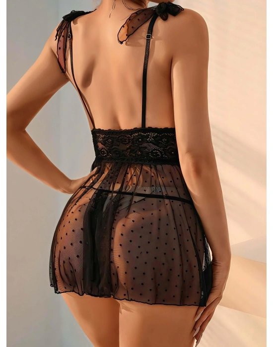 Bicomi Siyah Dantel İşlemeli Puantiyeli Tül Fantezi Gecelik