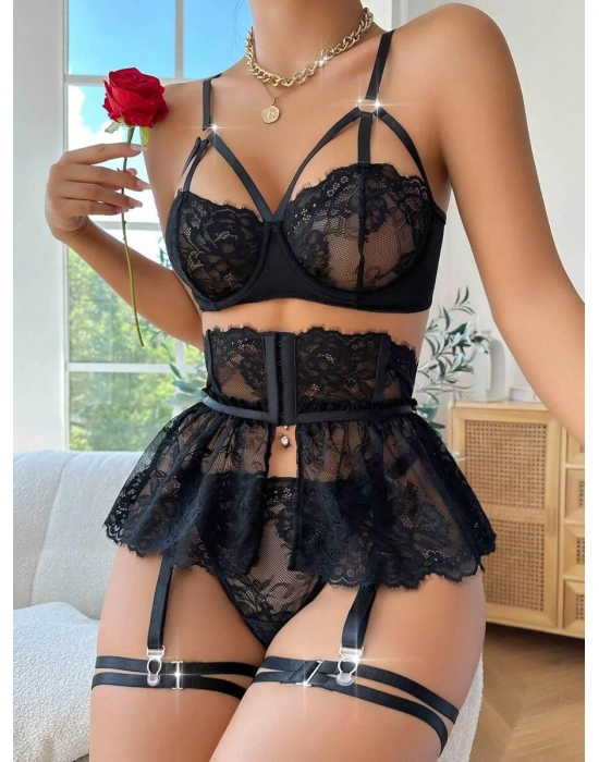 Bicomi Siyah Dantelli Göğüs İp Detaylı Fantezi Jartiyer Takımı