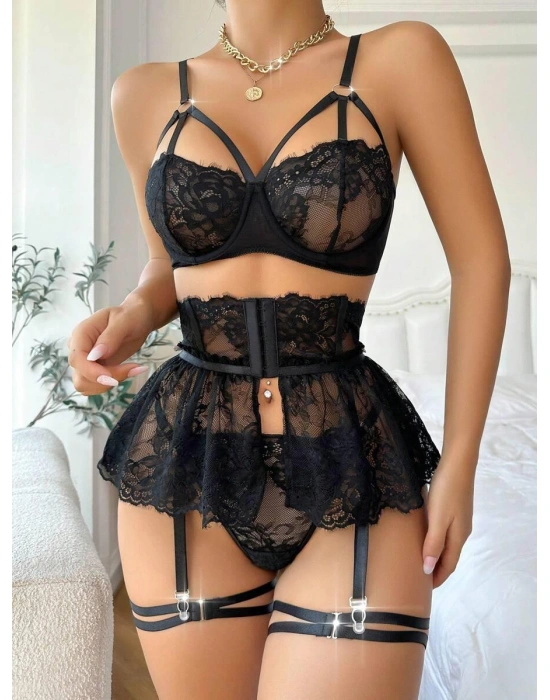 Bicomi Siyah Dantelli Göğüs İp Detaylı Fantezi Jartiyer Takımı