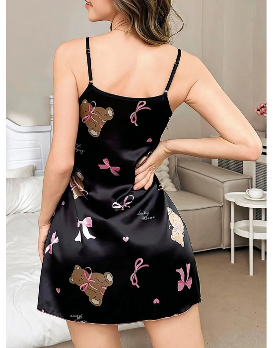 Bicomi Siyah İnce Askılı Ayıcık Desenli Saten Mini Gecelik