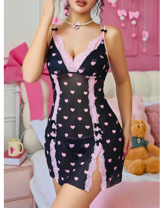 Bicomi Siyah Kalp Desenli Dantel İşlemeli Fantezi Gecelik