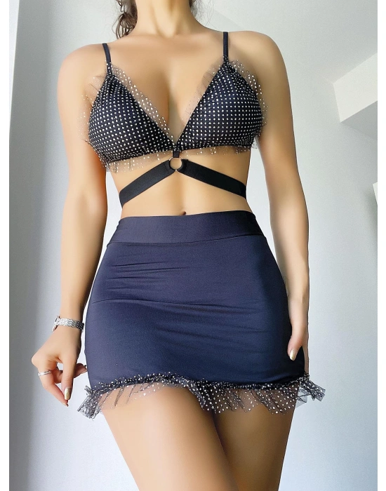 Bicomi Siyah Mini Tül Detaylı Fantezi Elbise