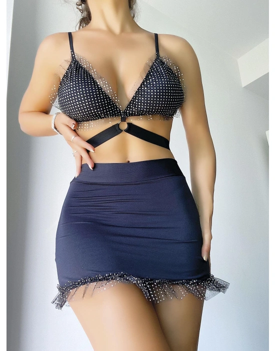 Bicomi Siyah Mini Tül Detaylı Fantezi Elbise