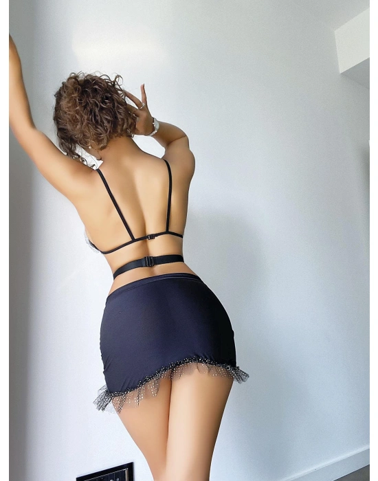 Bicomi Siyah Mini Tül Detaylı Fantezi Elbise