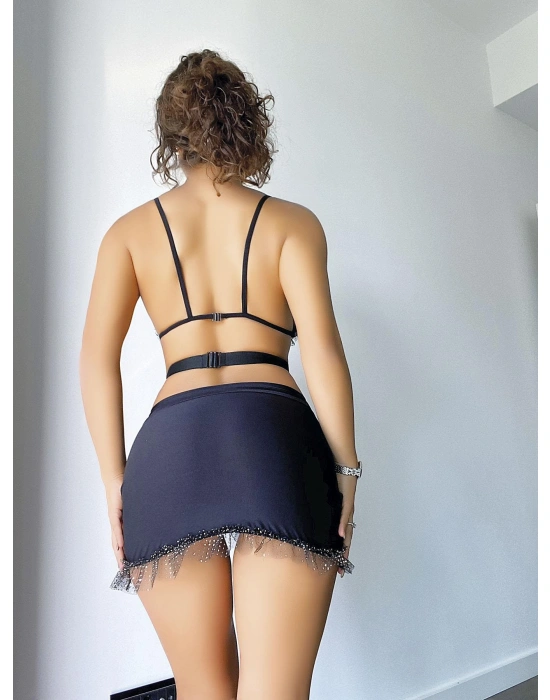 Bicomi Siyah Mini Tül Detaylı Fantezi Elbise